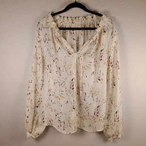 A New Day Ruffled Tie Flowy Tunic Top Blouse Ivory Multicolor Speckle Print